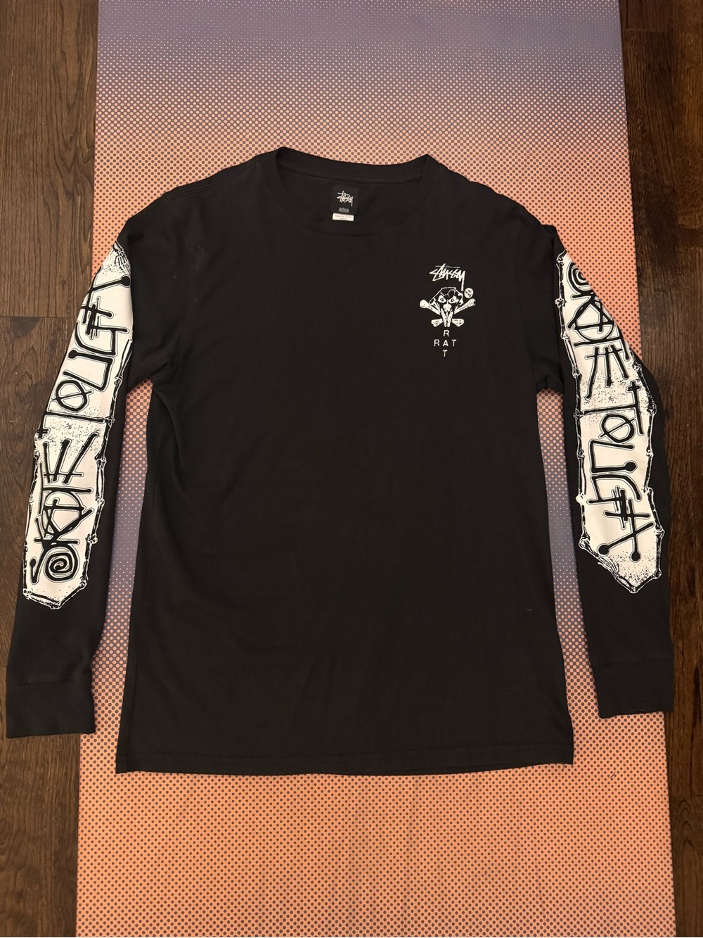 Stussy Black Long-Sleeve Tee with White Sleeve Graphics